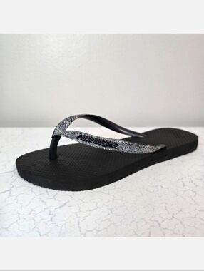 Havaianas Girls Black Slim Glitter Flip Flops, Size 33/34 ~ EUC
